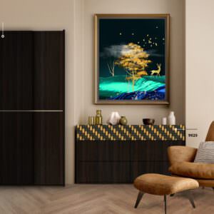 Brown living room with armchair,table,lamp and abstract painting