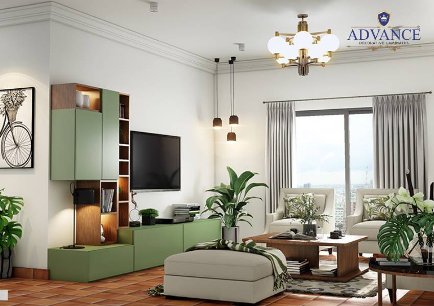 Living Room Sunmica colour Design - Green and Brown