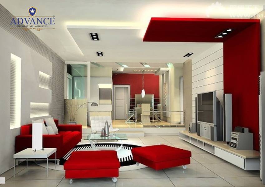 Two Colour Sunmica Design for Living Room - Red and White